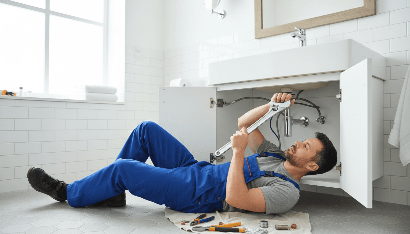 Plumber in work clothes installing a bathroom faucet with a wrench