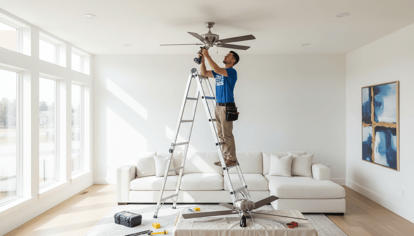 Handyman installing a ceiling fan in a bright modern room