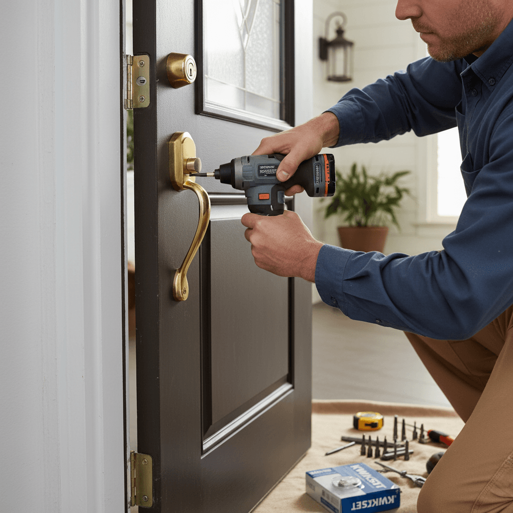 Professional handyman installing a deadbolt on a residential front door