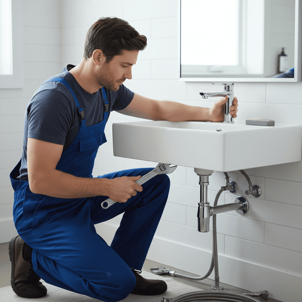 Professional plumber installing a modern chrome bathroom faucet with a wrench