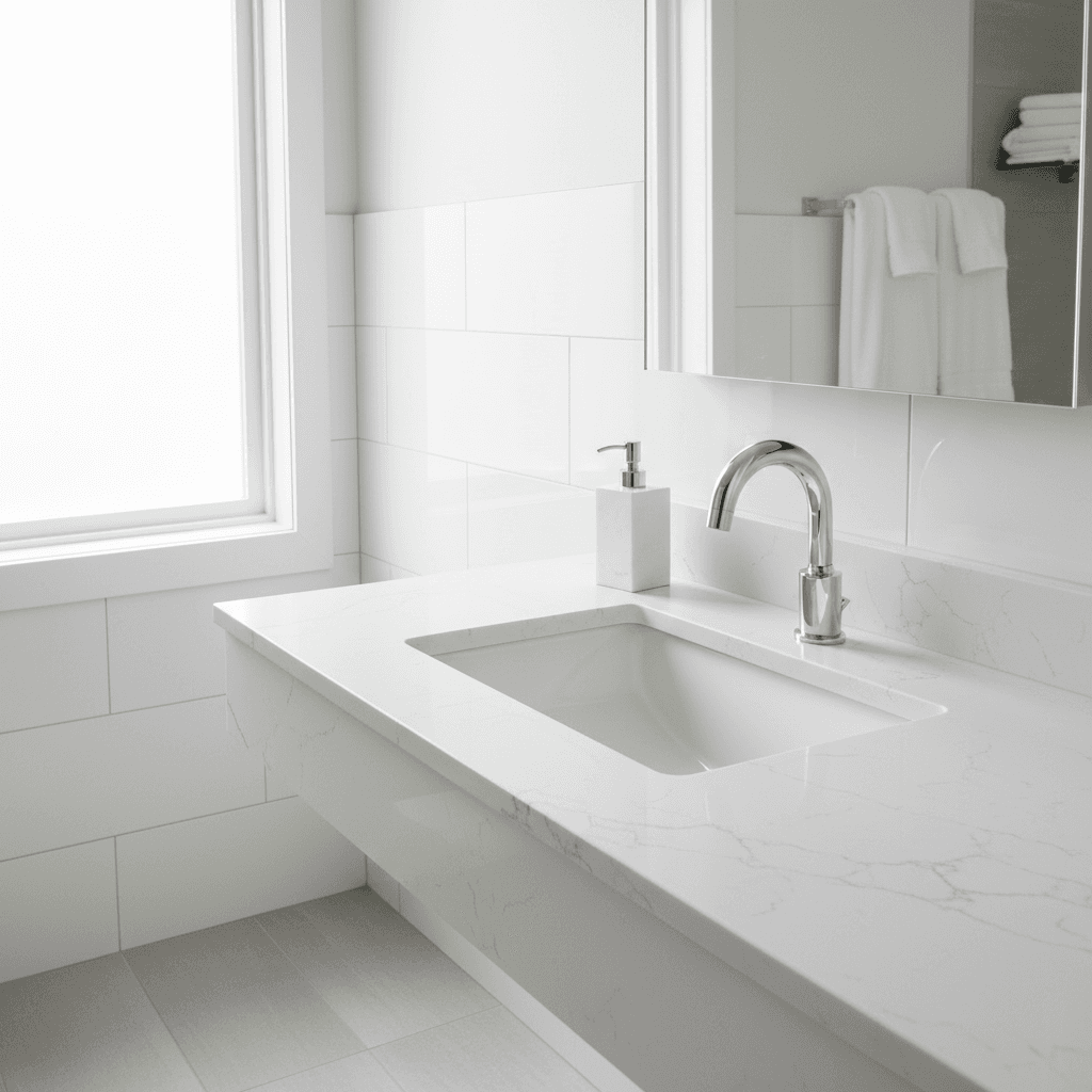 Modern chrome bathroom faucet installed on a white sink