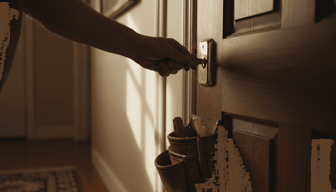 Handyman installing a deadbolt lock on a residential door
