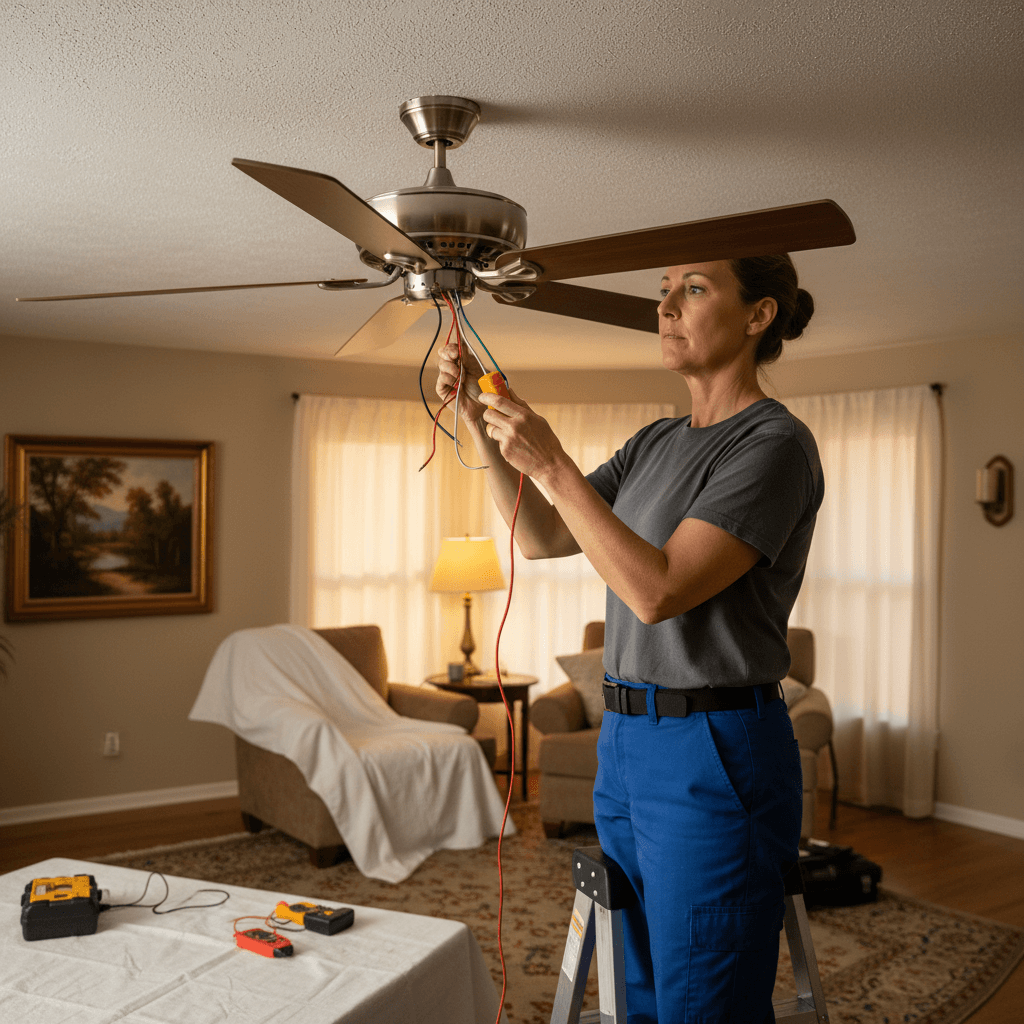 Electrician checking ceiling fan wiring in residential home