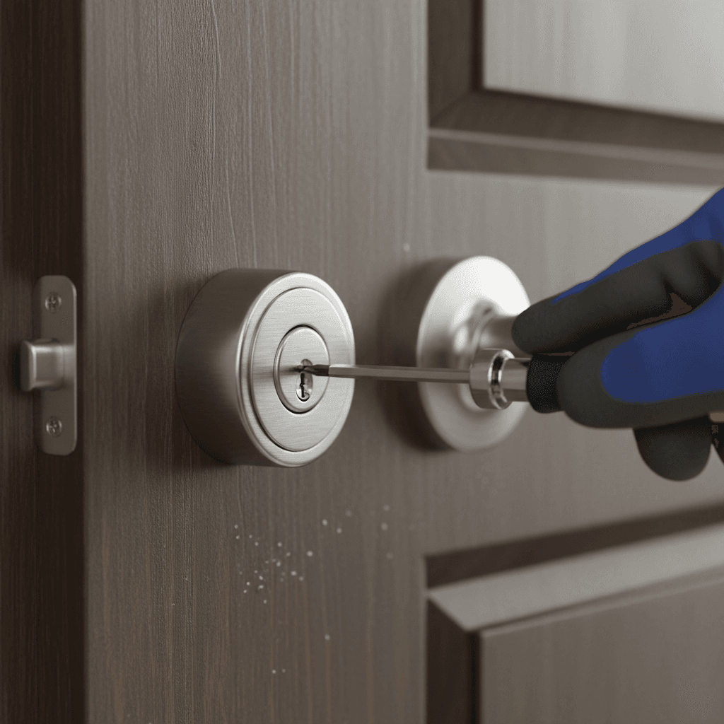 Close-up of a hand installing a fresh deadbolt into a solid wood door
