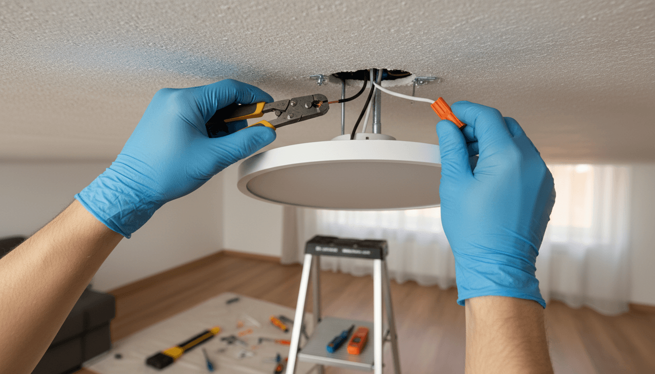 Electrician's hands securing a light fixture to the ceiling