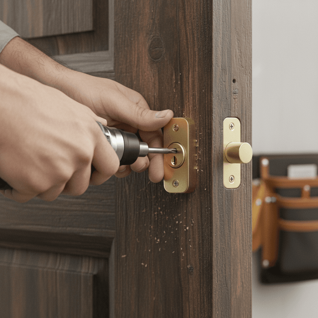 Handyman installing a deadbolt lock with a screwdriver