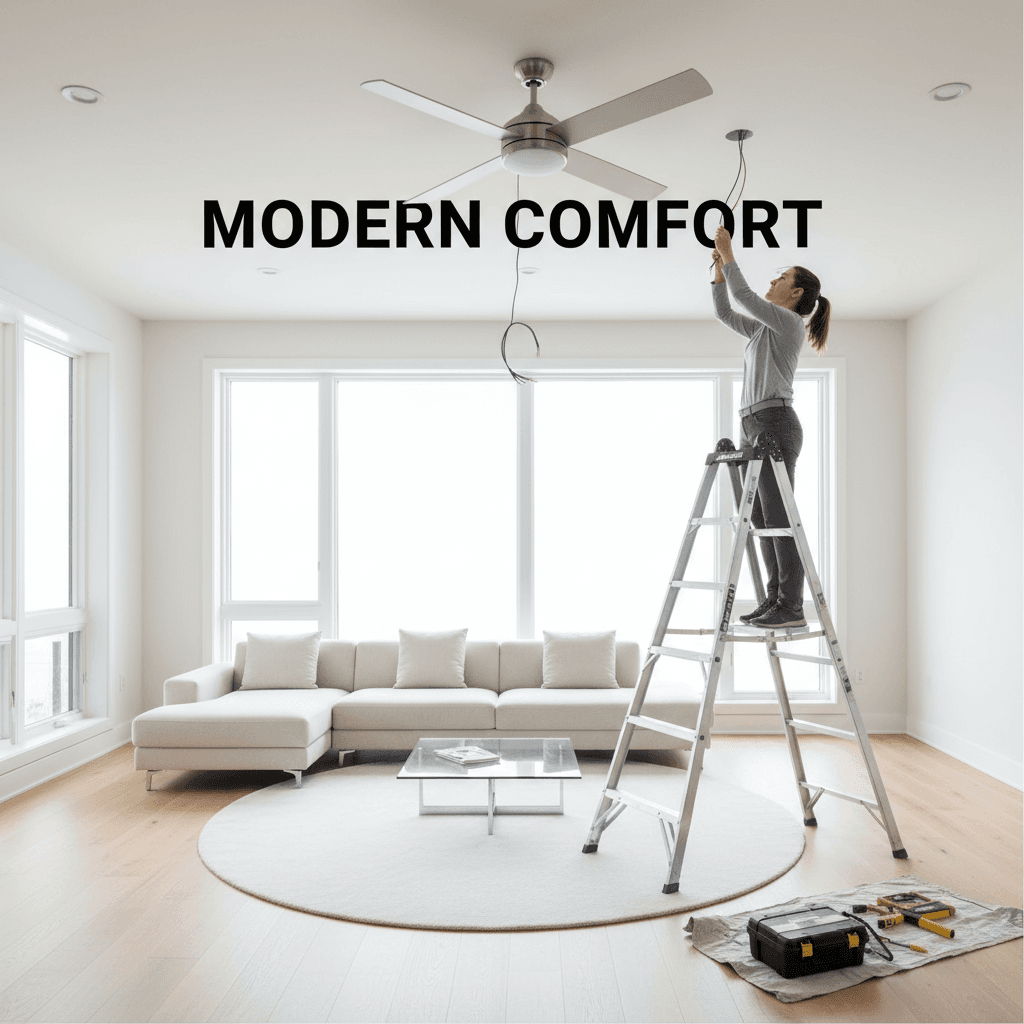Modern ceiling fan with light fixture installed in a bright living room