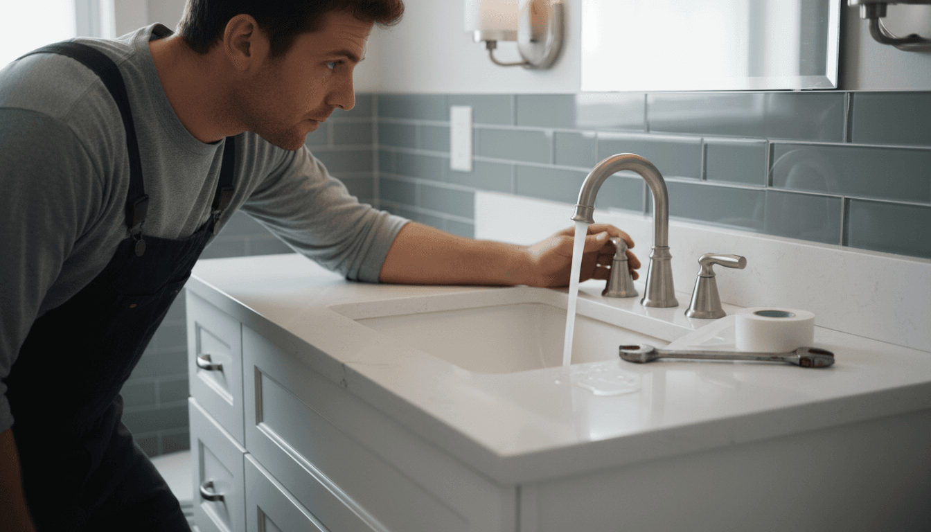 Handyman checking water flow from a newly installed bathroom faucet