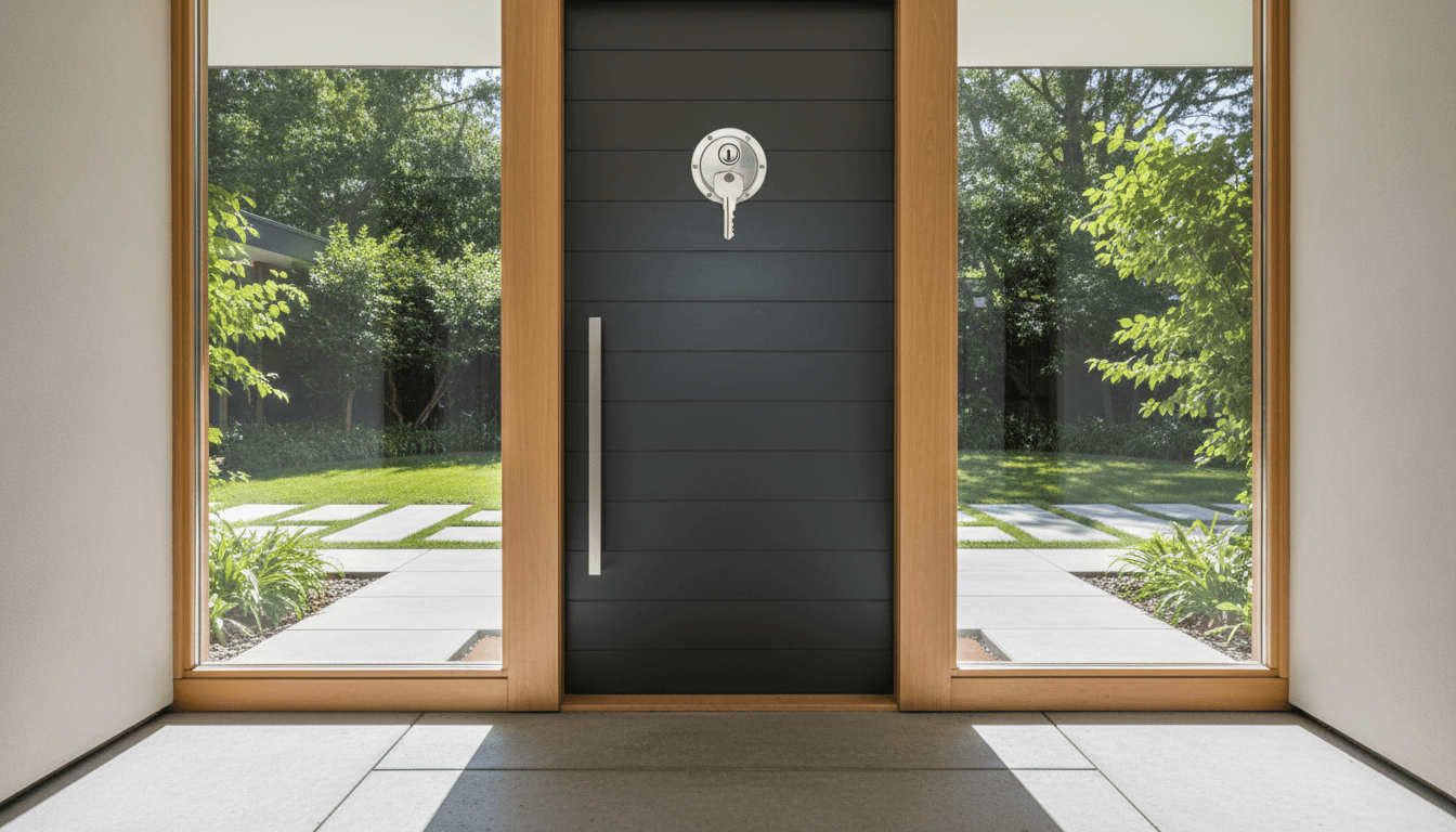 Modern front door with a new deadbolt lock and key