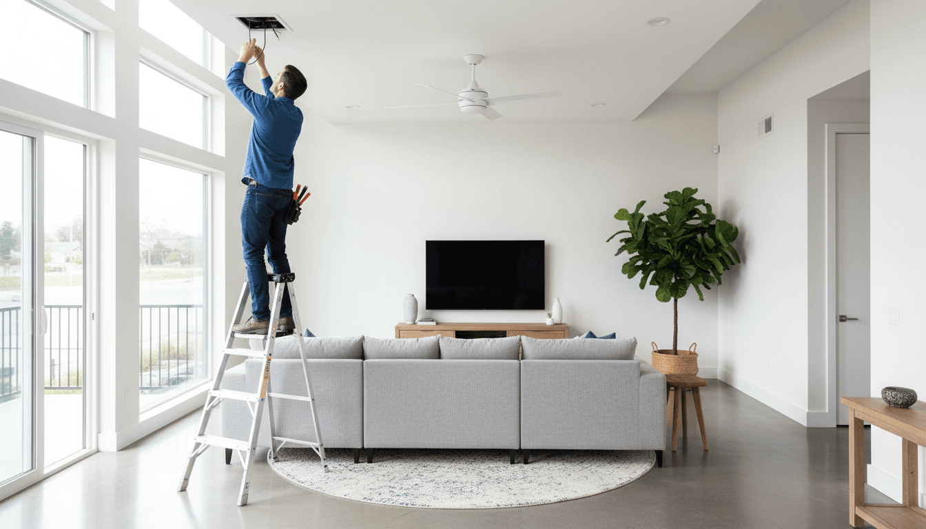 Electrician installing a ceiling fan in a bright living room