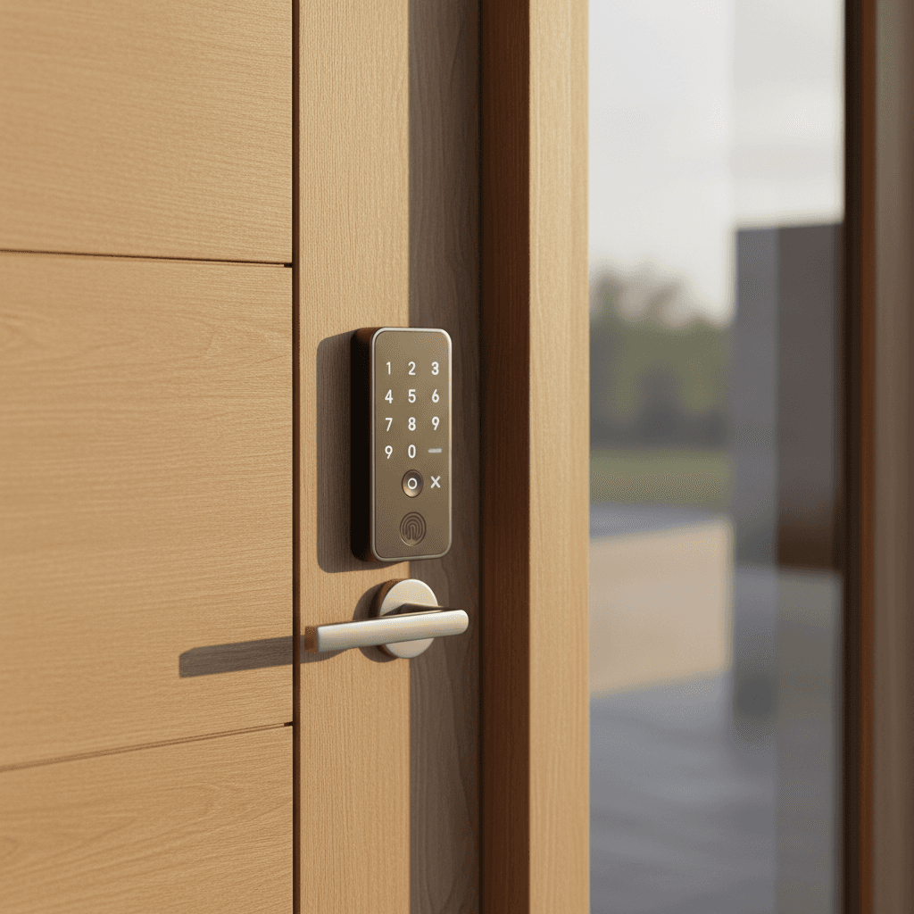 Modern smart lock keypad on a contemporary front door