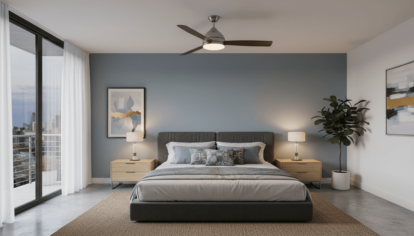 Modern ceiling fan with integrated light fixture installed in a bedroom