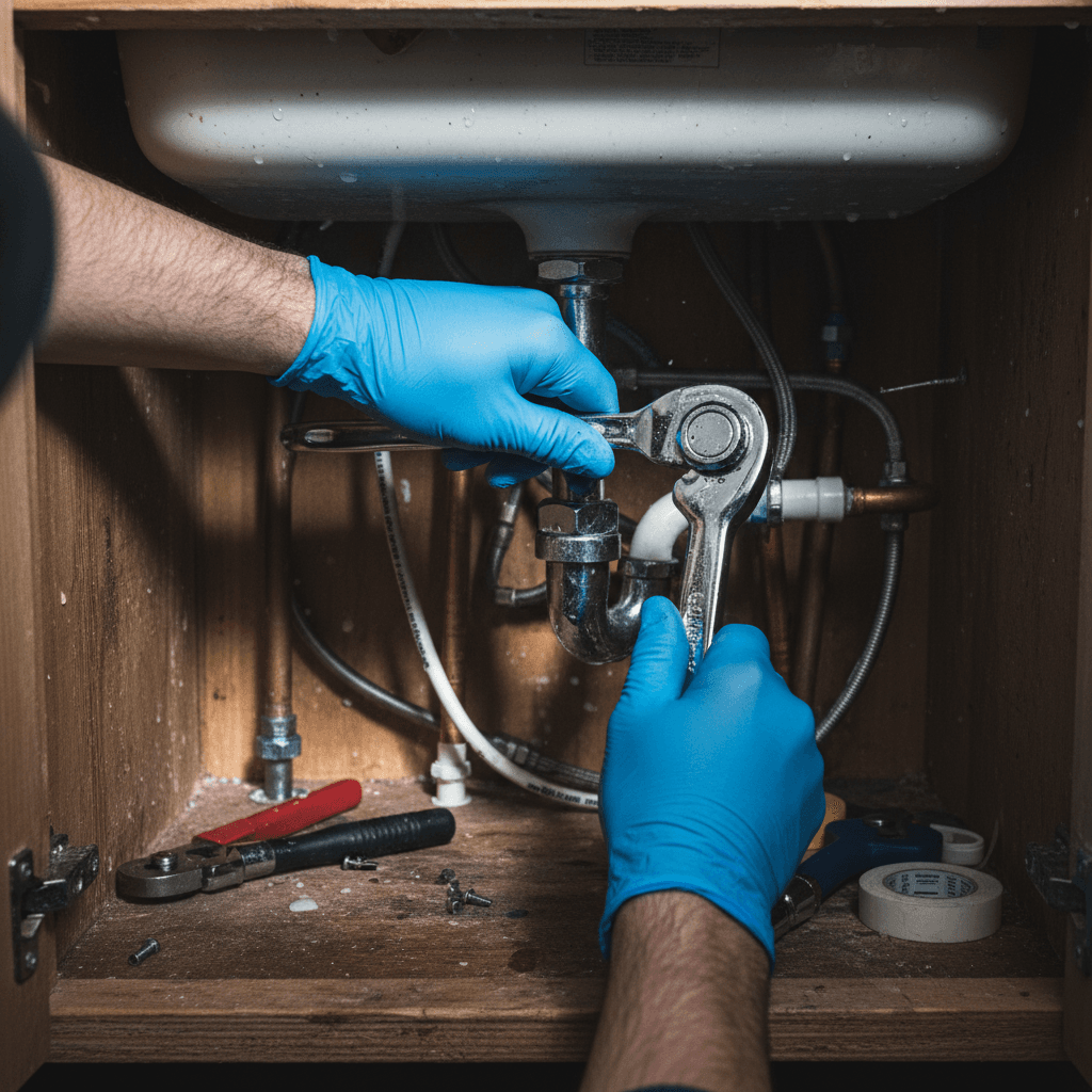 Hands tightening a faucet supply line under a sink