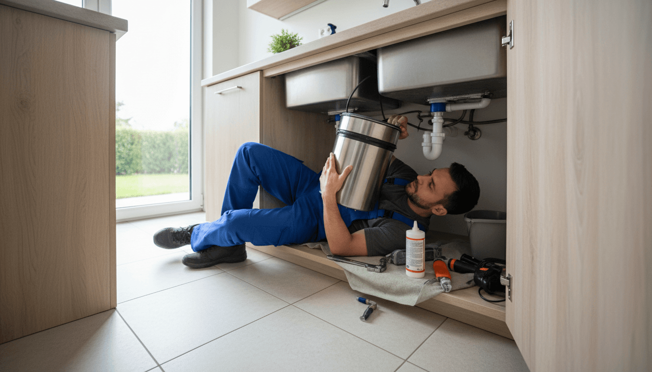 Plumber installing garbage disposal under a kitchen sink