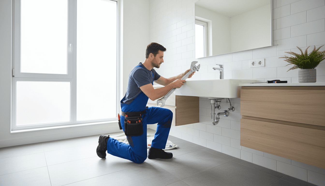 Professional plumber installing a chrome bathroom faucet with a wrench in a bright modern bathroom