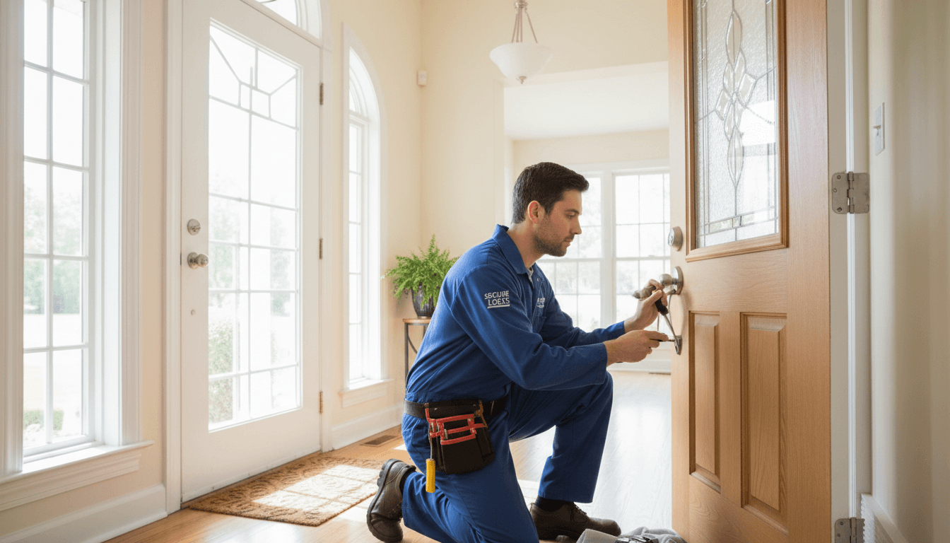 Professional locksmith replacing a door lock in a bright residential entryway