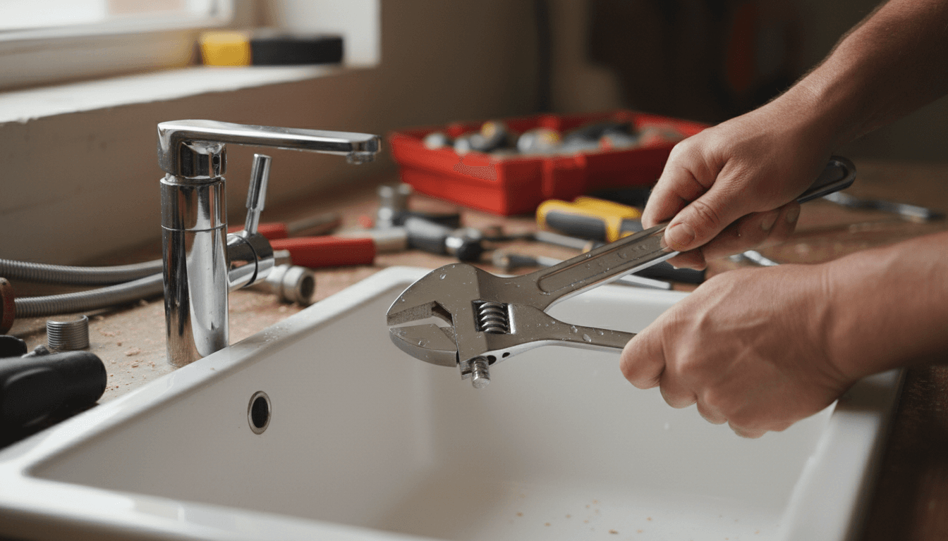 Plumber's hands tightening a modern faucet with a wrench