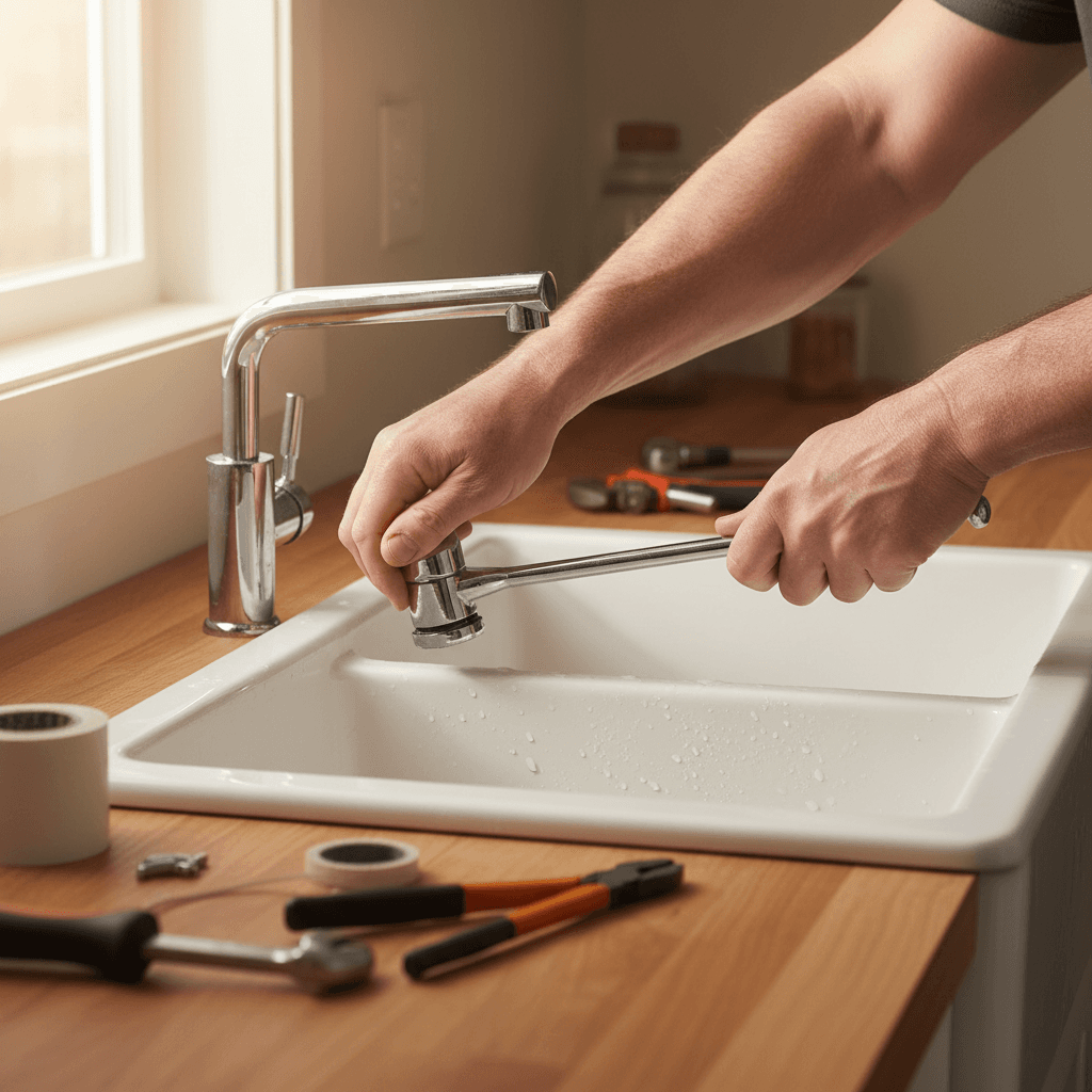 Hands tightening a new kitchen faucet onto a farmhouse sink