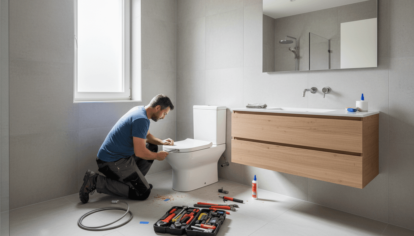 Plumber installing a white toilet in a modern bathroom