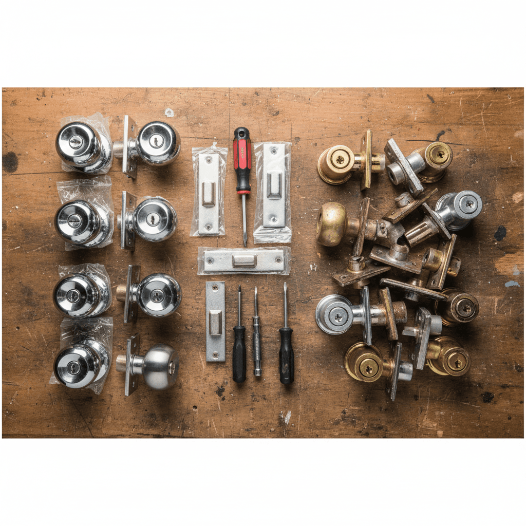 Assorted door locks, deadbolts, and strike plates arranged on a workbench
