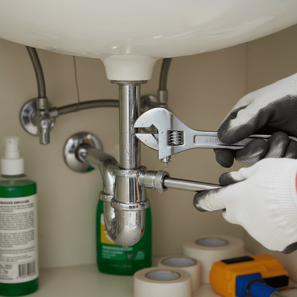 Close-up of hands tightening a chrome faucet supply line under a bathroom sink