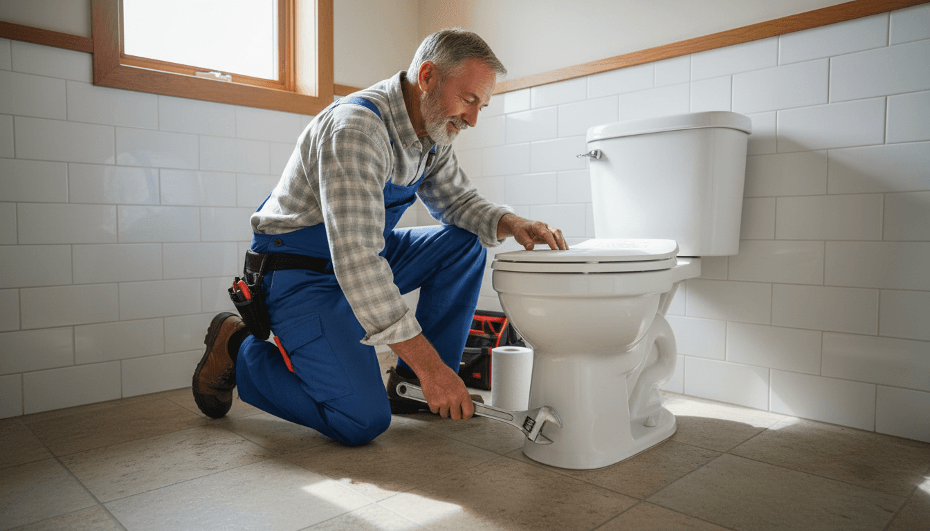 Handyman finishing a toilet installation in a Putnam home bathroom