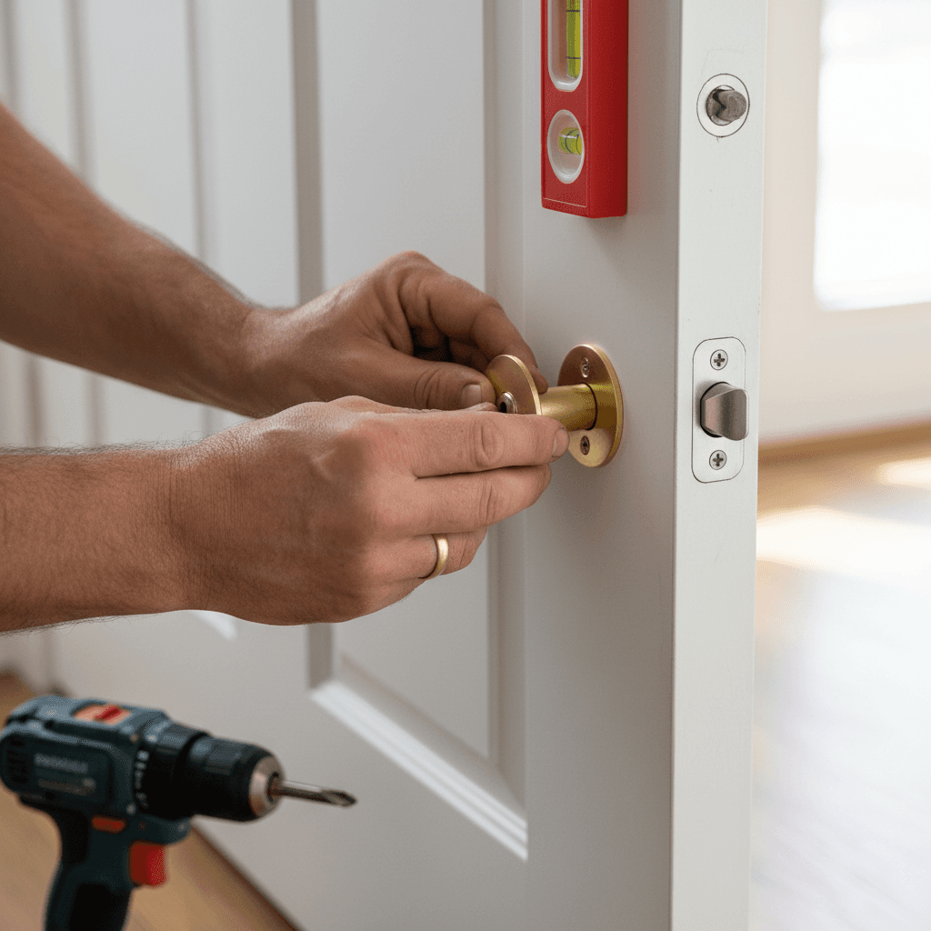 Handyman aligning a deadbolt on a residential door with a level nearby