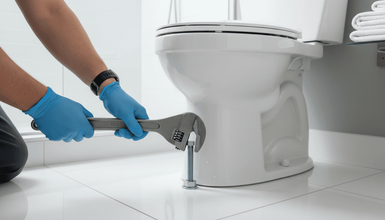 Plumber hands tightening a toilet base with a wrench