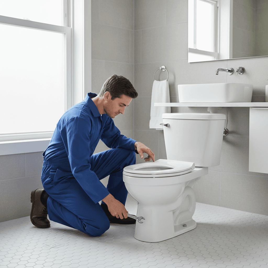 Plumber installing a white toilet in a bright modern bathroom