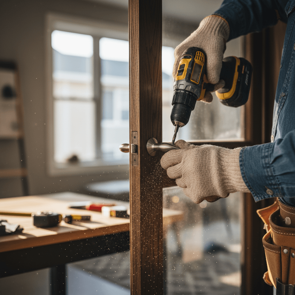 Handyman drilling into a wooden frame