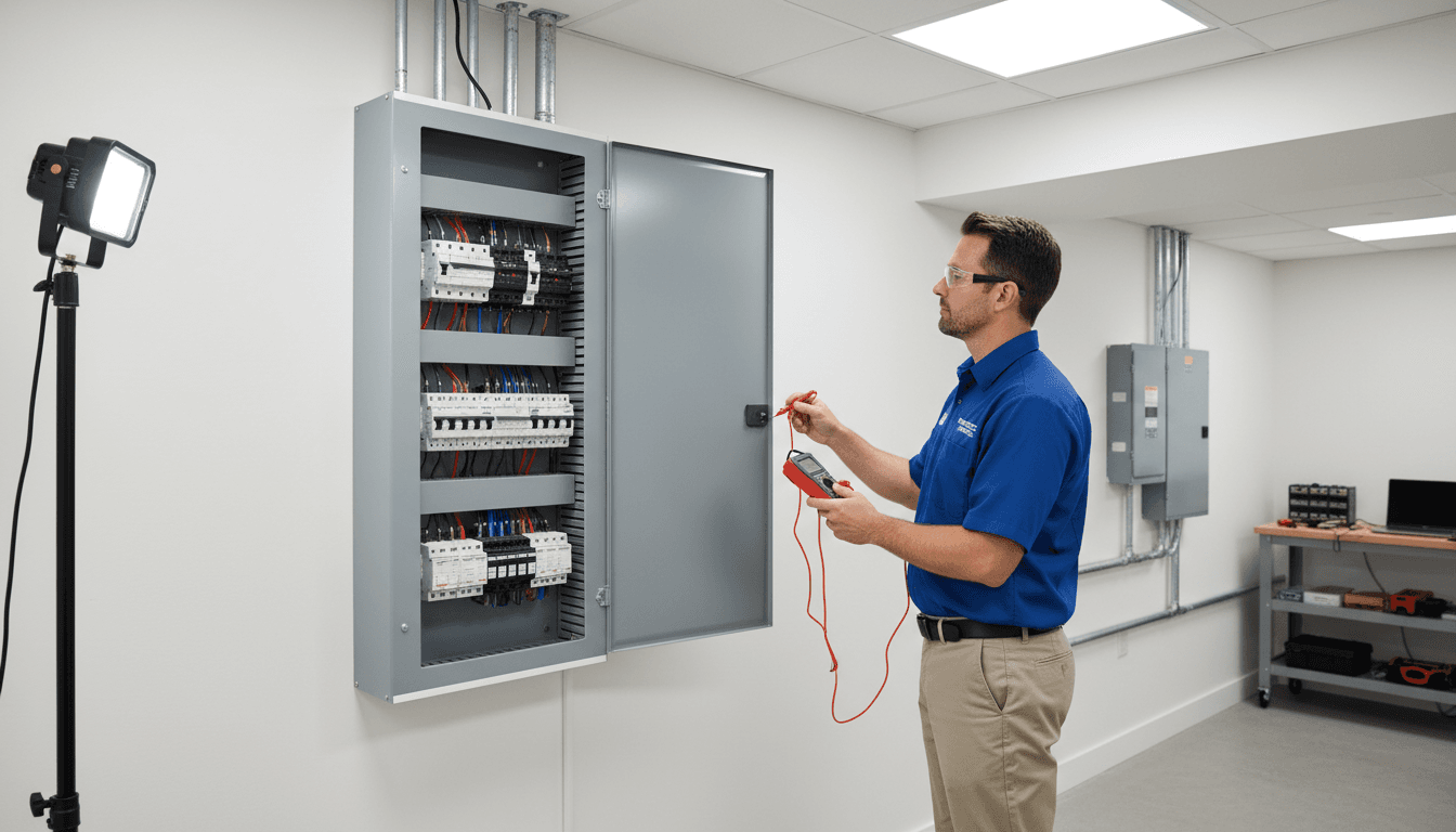 Professional electrician working on a residential electrical panel with tools