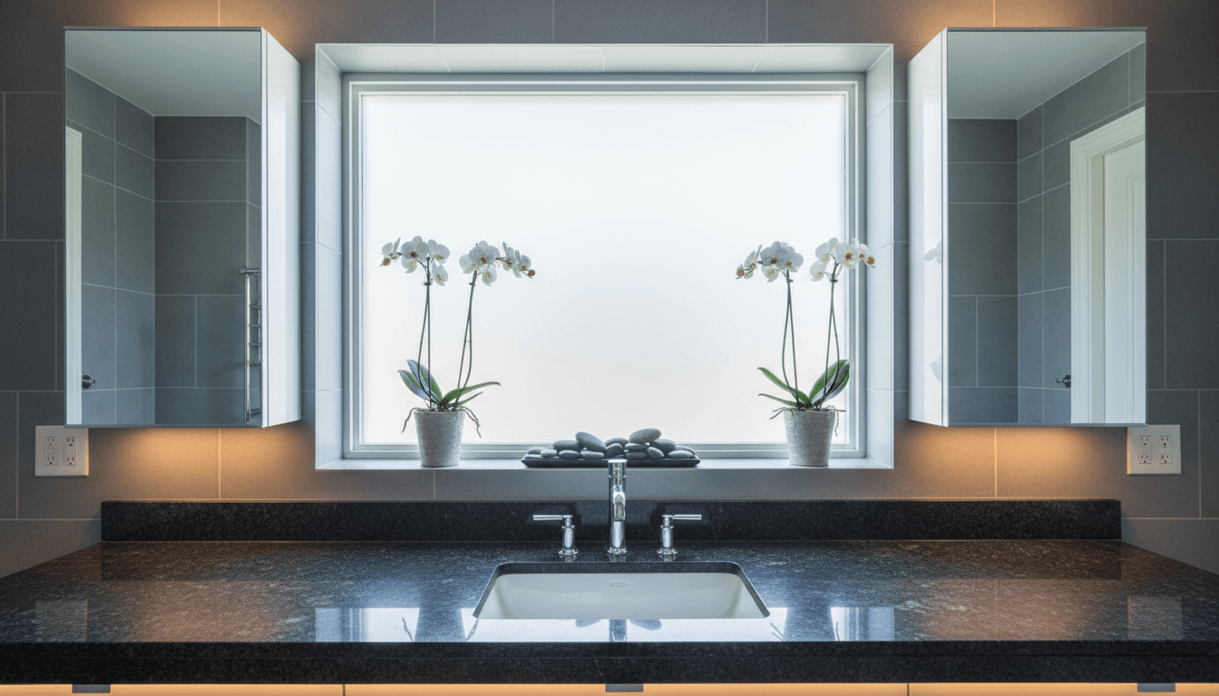 Installed white bathroom vanity with double sinks and quartz countertop