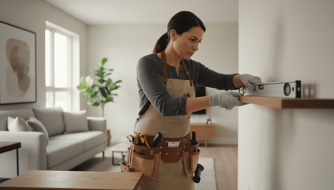 Professional handyman working with tools repairing a wall in a bright modern home