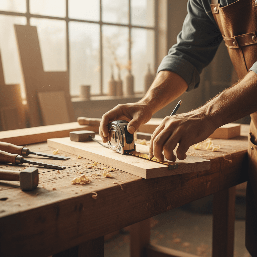 Handyman measuring a wood plank in a bright workshop with tools