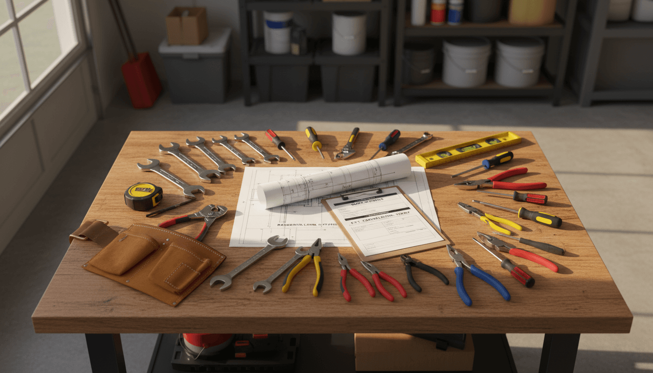 Handyman tools arranged on a workbench ready for the job