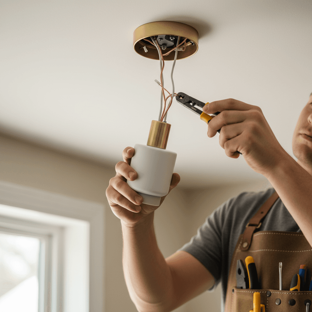 Electrician repairing a ceiling light fixture in a residential home