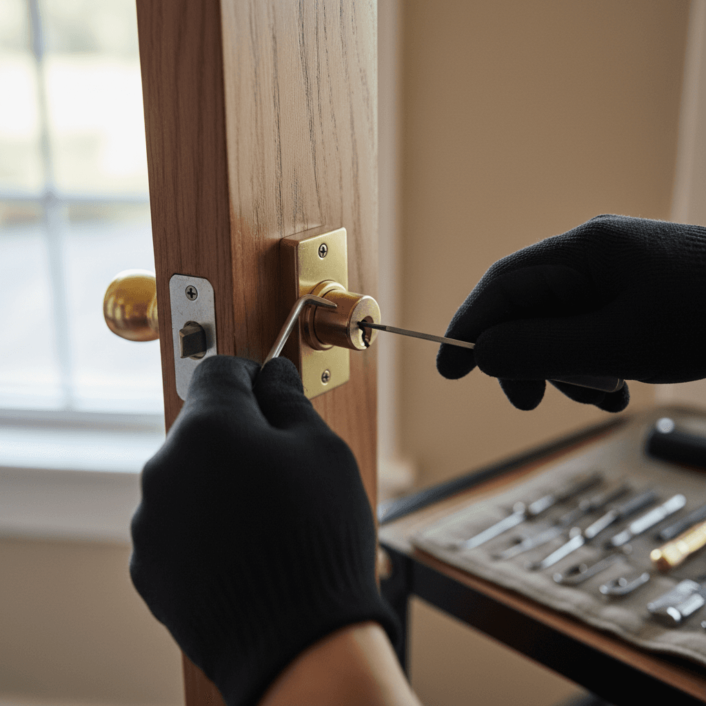 Locksmith opening a residential door lock with tools
