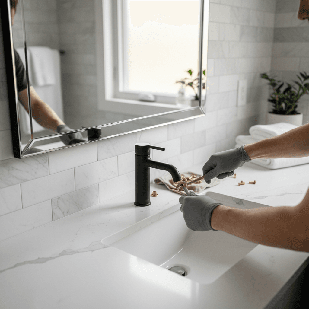 Handyman caulking the edge of a bathroom vanity in a clean white bathroom