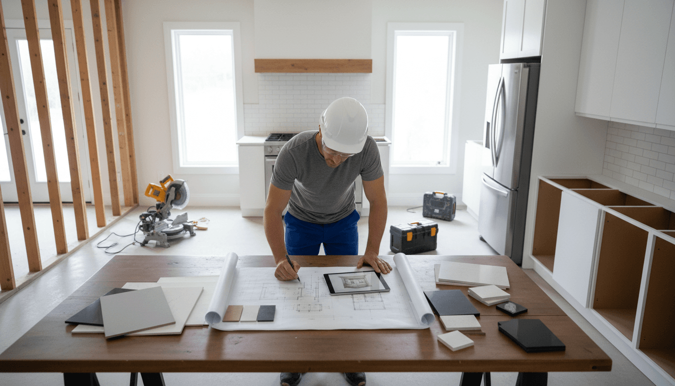 Handyman discussing a project with a homeowner in a bright, remodeled kitchen