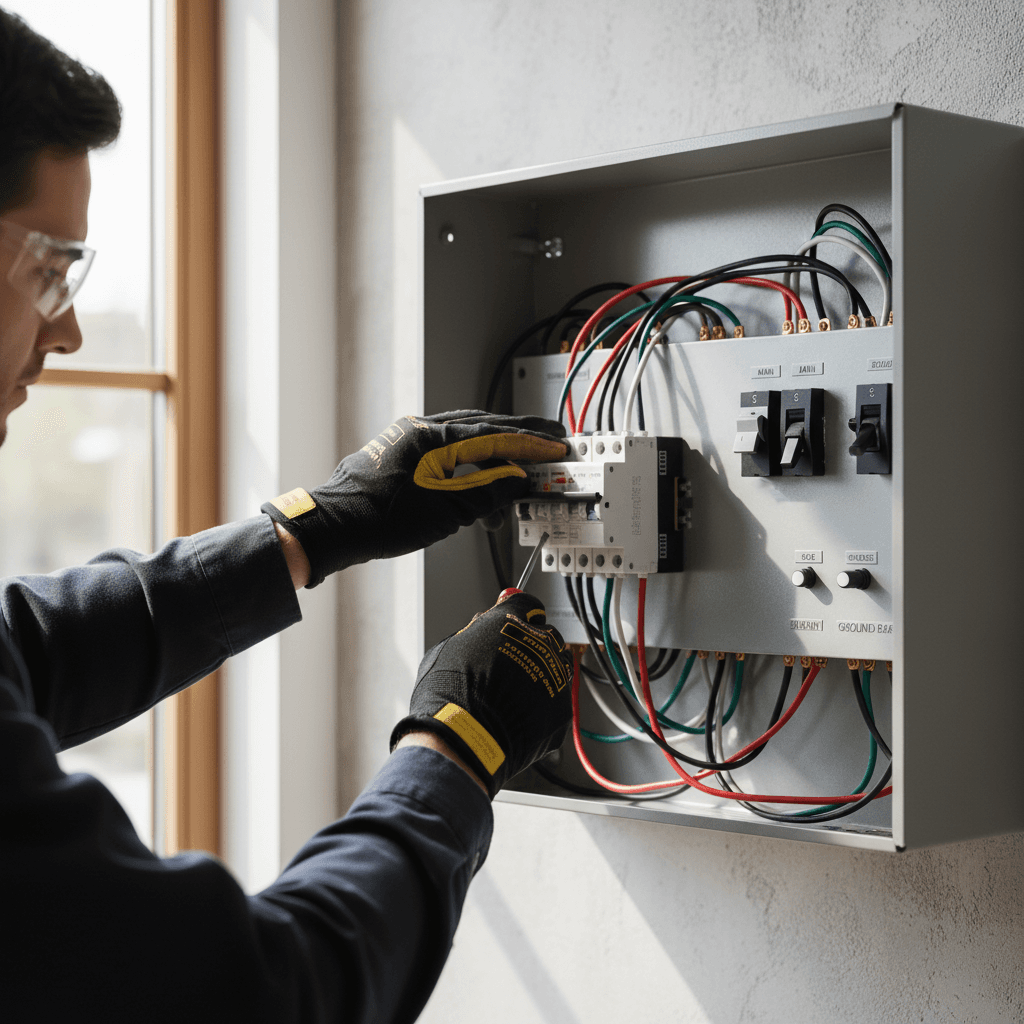 Handyman repairing an electrical panel with a screwdriver
