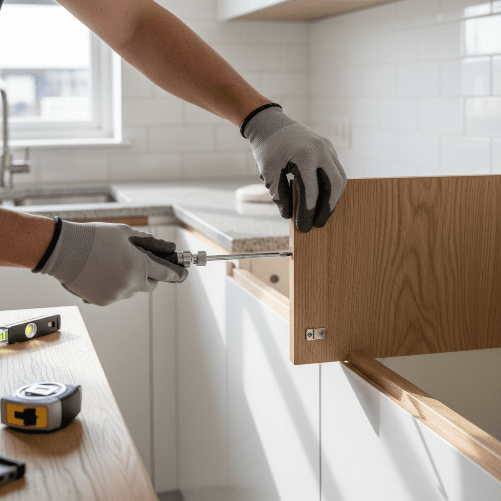 Handyman installing kitchen cabinets during a home remodeling project