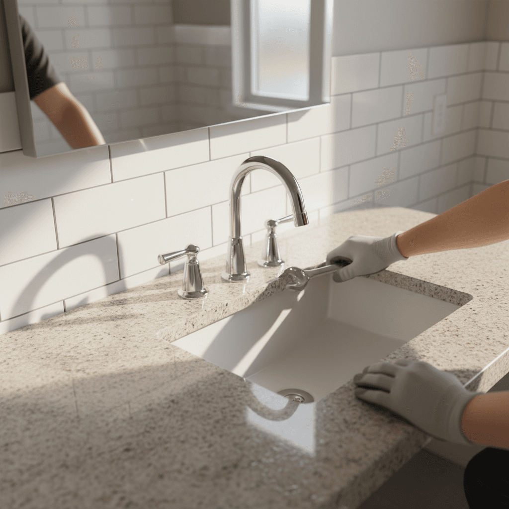 Handyman drilling and securing a new bathroom vanity cabinet