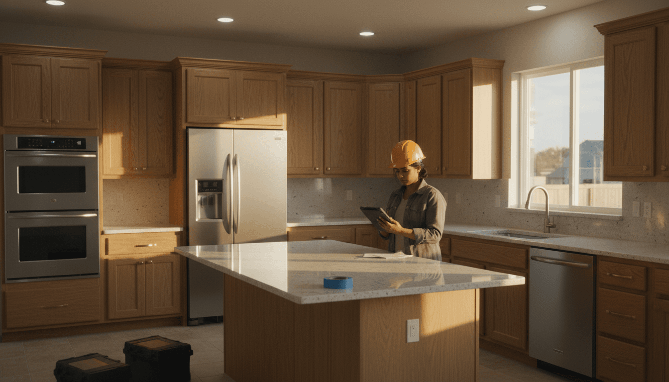 Completed modern kitchen remodel with new cabinets and countertops