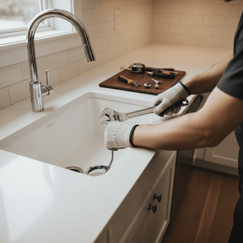 Handyman repairing a kitchen faucet with a wrench in a bright modern kitchen