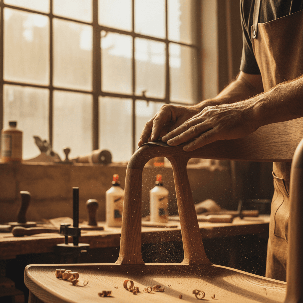 Close-up of hands using a power drill on wooden furniture in a workshop