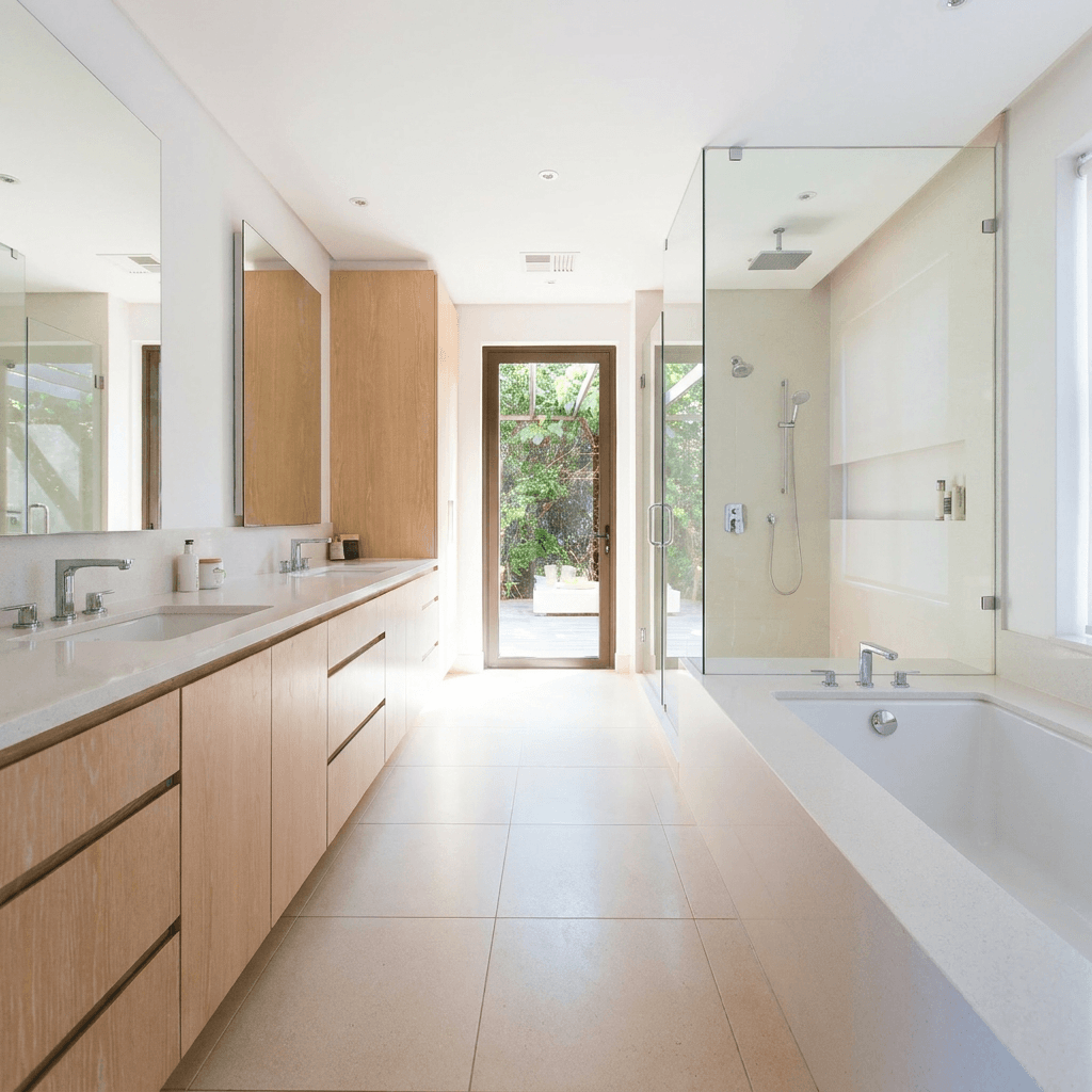 Modern bathroom vanity with sink and mirror in a bright, clean bathroom